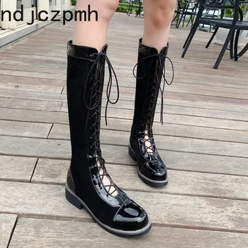 

Women's Boots the New winter fashion Round head Lace-up Low-heeled High tube Women's shoes plus size 33-43 Heel Height 3.5cm