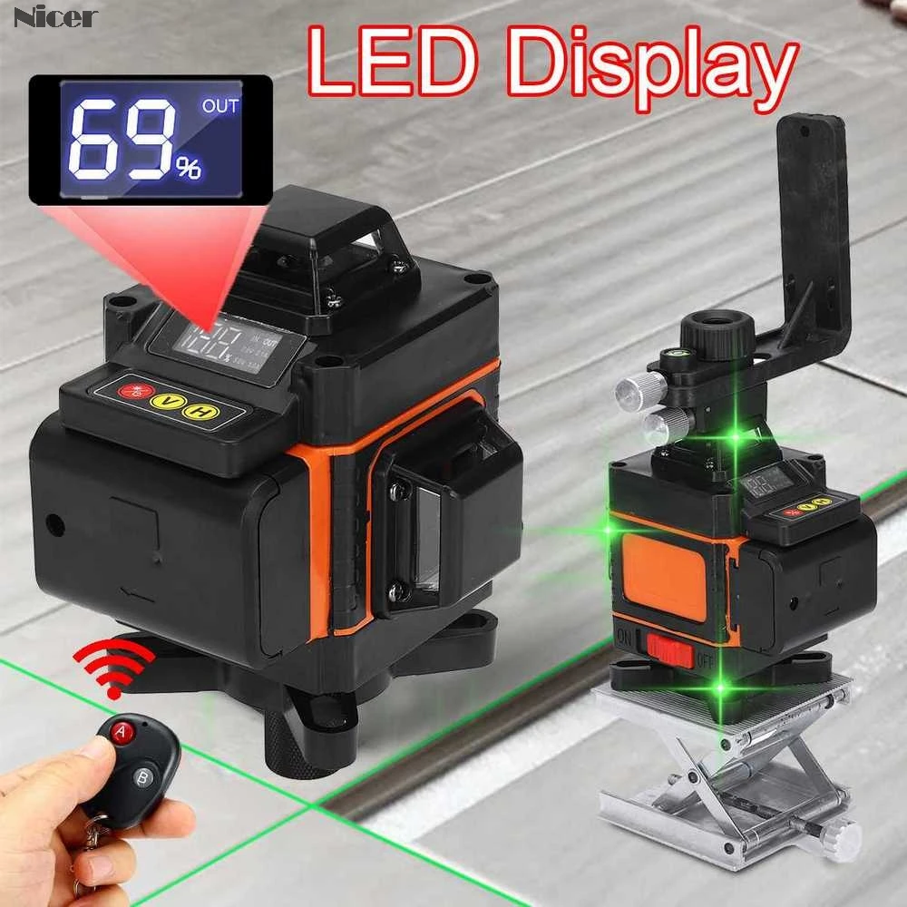 

LED Display Laser Level Green Light 12/16 Lines Auto Remote Control Self Leveling 360Â° Rotary Measure Horizontal Vertical Cross