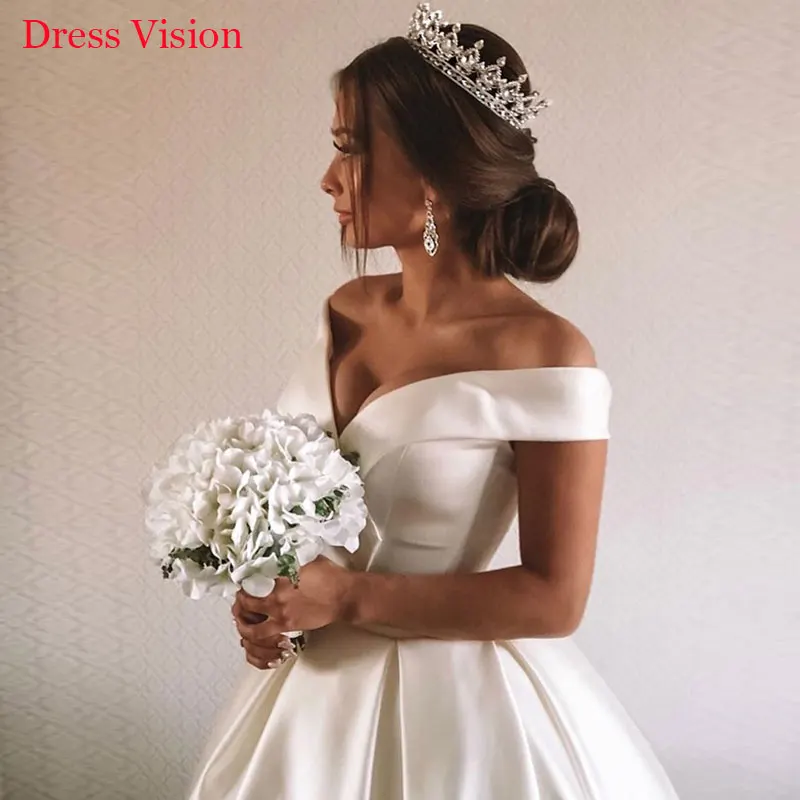 Vestido 심플 새틴 웨딩 드레스, 섹시 브이넥 오프 숄더, A 라인 바닥 길이, 새로운 스타일