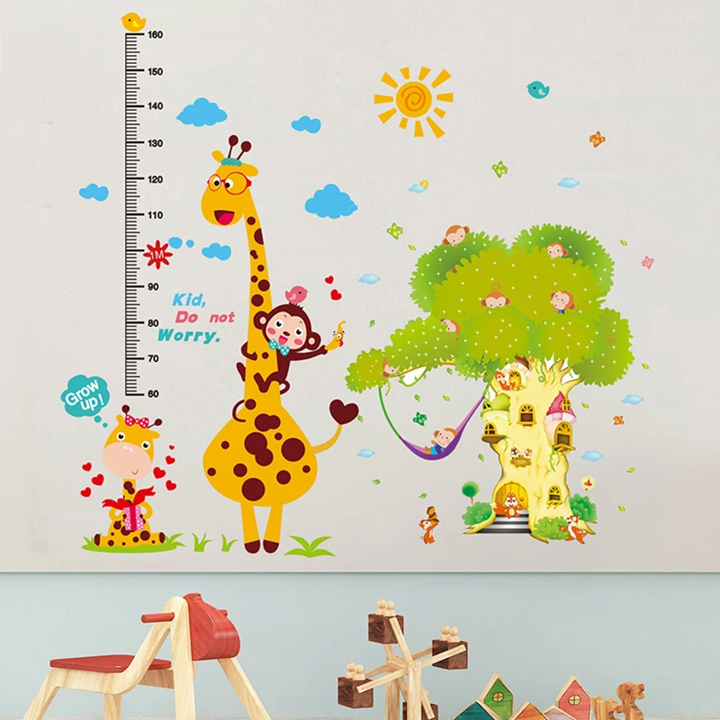 

[SHIJUEHEZI] Monkeys Giraffe Animals Height Wall Stickers DIY Jungle Tree Mural Decals for Kids Rooms Baby Bedroom Decoration