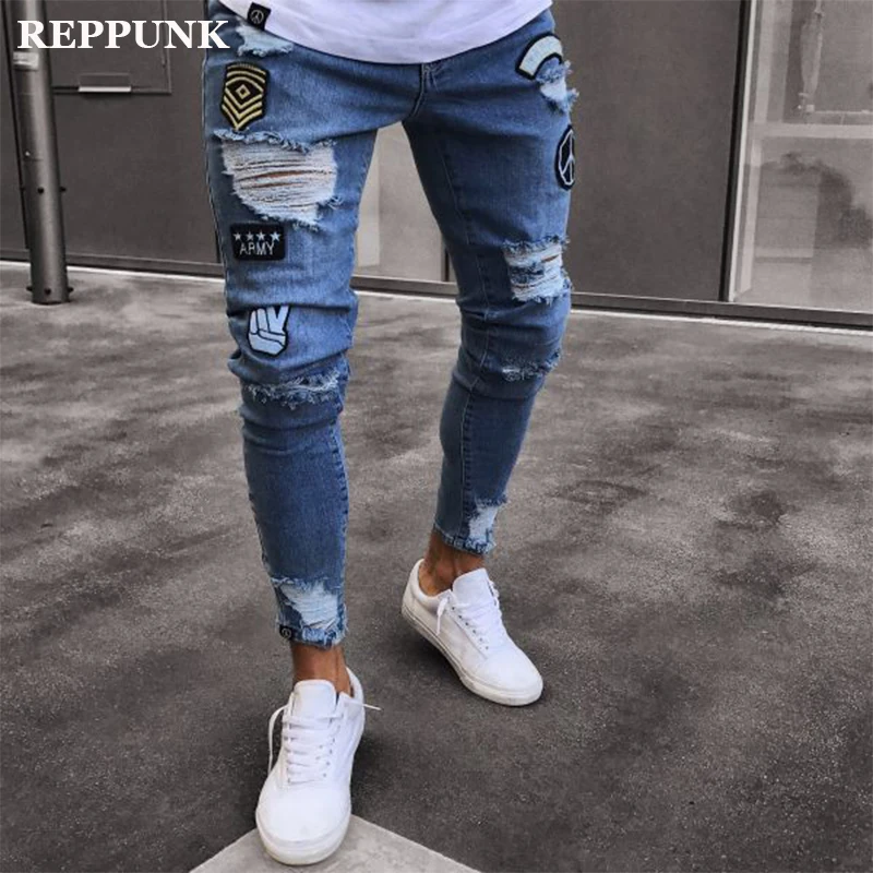 Men clothes 2020 Jeans Male Autumn Denim Cotton Straight Hole Pocket Trousers Distressed Pencil Pants Streetwear | Мужская одежда