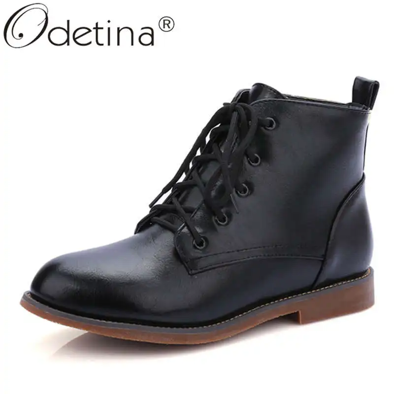 

Odetina Women Fashion Winter Sewing Lace Up Ankle Boots Ladies Retro Block Chunky Heel Cross-tied Round Toe Concise Short Boots