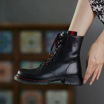 

Royesic Genuine Cow Leather Martin boots women short boots British style thick-soled round toe flat ankle boots women