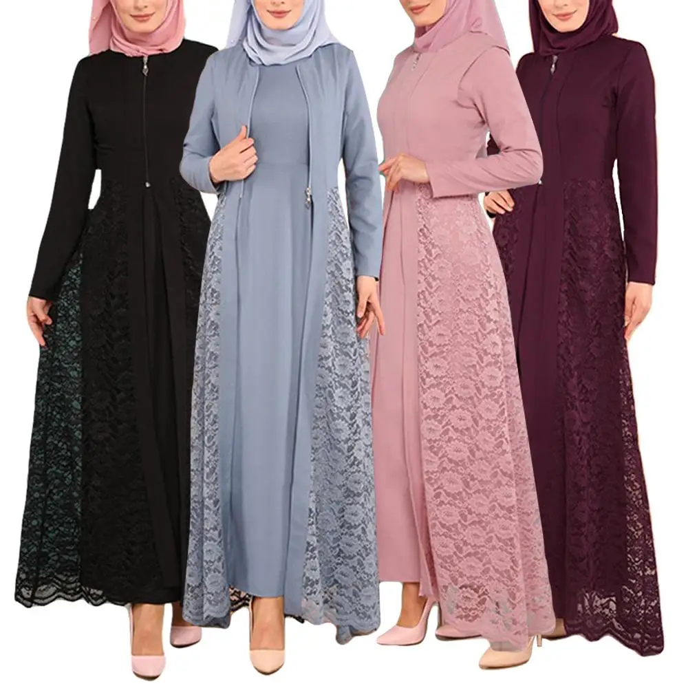 2 шт. мусульманских женщин Дубай Макси платье кружевной кардиган абайя комплект