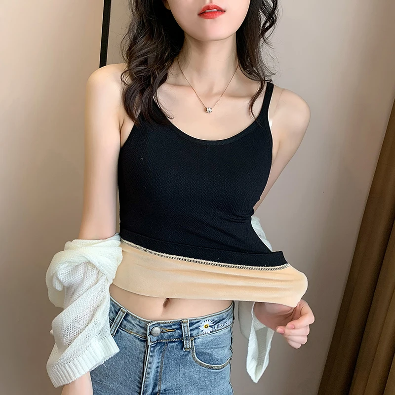Korean Women Camis Tops Plus Velevt Woman Inner Strap Top Woman Sleeveless Thick Camis Plus Size Women Basic Thermal Tank Top XL