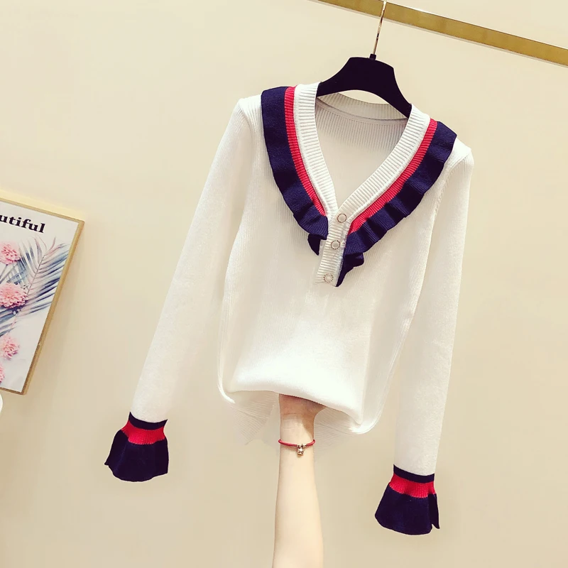 

Women's Sweaters 2020 fashionable Casual Ruffles V-Neck Cardigans Single Breasted Long Sleeve Loose Knitwear