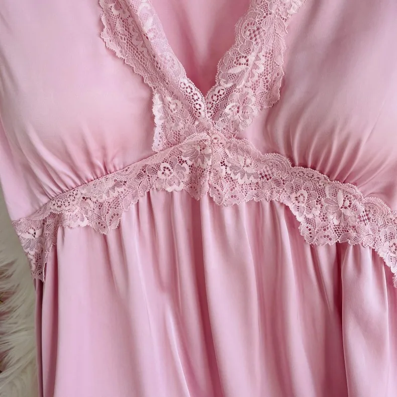 Women Nightgown Satin Silk Sleepwear Nightdress Lace Patchwork