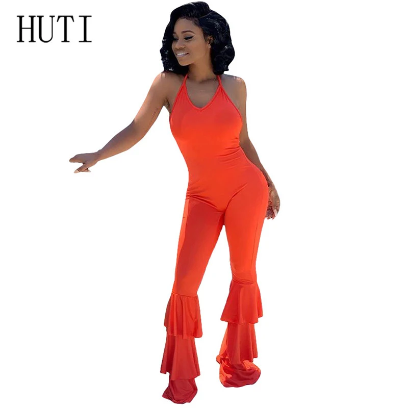 

HUTI Sexy Long Jumpsuits Women Fashion Off Shoulder Summer Ruffled Backless Bodycon Sleeveless Romper Overalls Femme Playsuits