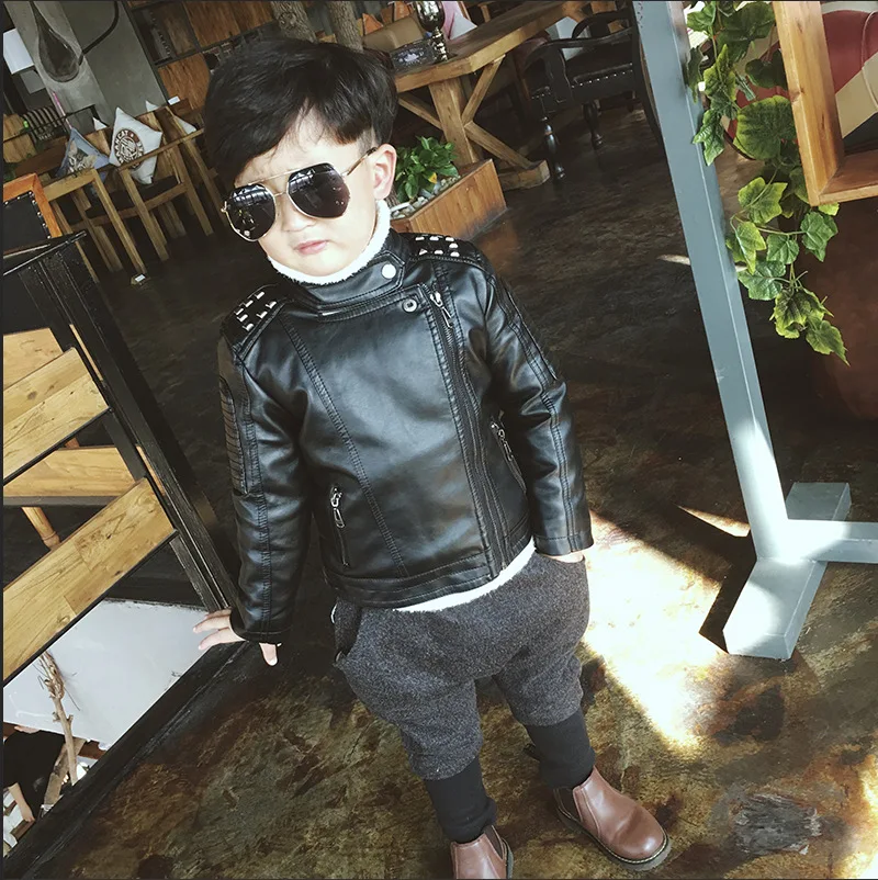 

2019 Autumn/winter New Children's Leather Clothing Boys Rivet Long-sleeved Plus Velvet Zip-up Baby Kids Coats Jacket Clothing