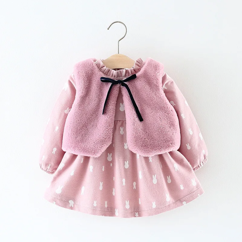 Pink Уплотненное платье для малышей+ меховой жилет платье из 2 предметов г. Осенне-зимнее платье принцессы для маленьких девочек, вечерние платья для малышей Одежда для новорожденных - Цвет: Pink