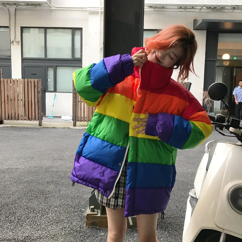 Harajuku зимняя повседневная куртка для женщин Радуга ватная парка размера плюс