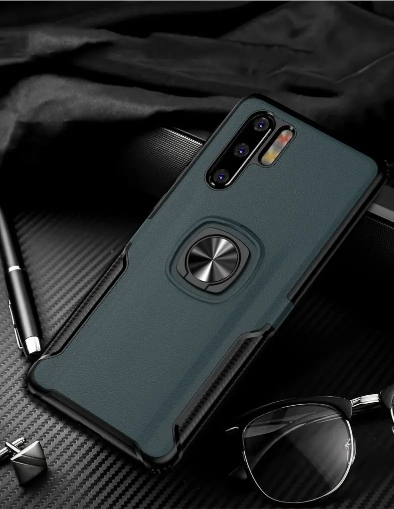 Cyan Для huawei P20 Lite чехол с металлическим кольцом huawei P30 Lite чехол из поликарбоната с кожаным узором для huawei P20 Pro P30 Pro Чехол из кремнезема с защитой от падения - Цвет: Cyan