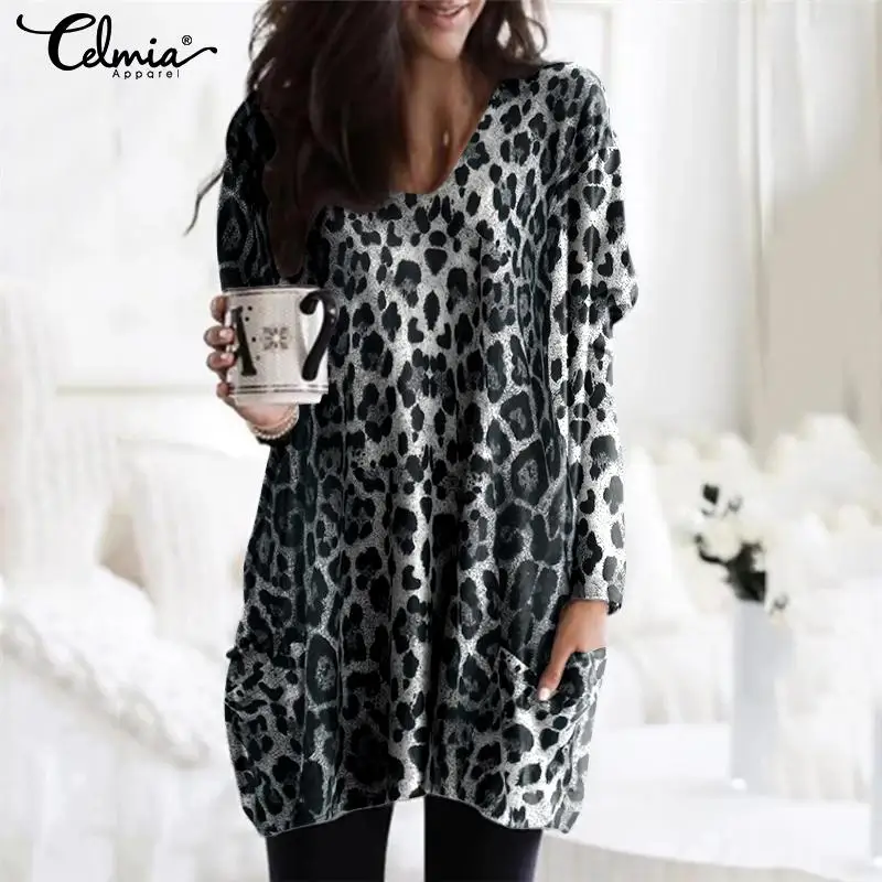 

Women Sexy Leopard Print Blouse Celmia 2019 Autumn Shirts V neck Sexy Tunic Top Long Sleeve Casual Asymmetrical Blusas Plus Size