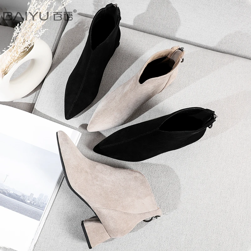 

Women's Boots Zipper Flock Plush Short Booties Square Heels Pointed Toe Punk 2019 Autumn Winter Ladies Shoes Solid Black Heels
