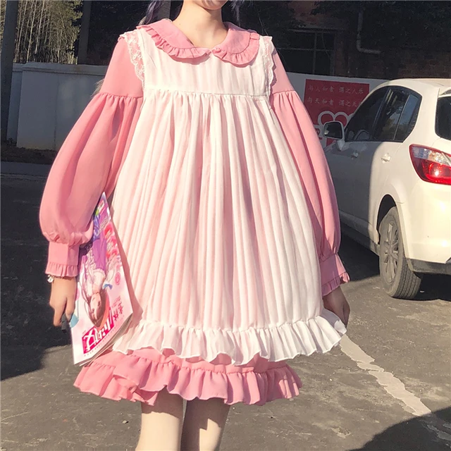 Japanese Sweet Pink Lolita Op Dress Gothic Soft Girl Cute Vintage Ruffle Maid Cosplay Black Dress Women Kawaii Two-Piece Dresses 1