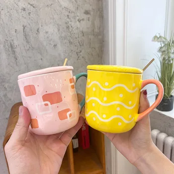 

400ml Korean Art Ceramic Cups with Lid Spoon Pink Tender Girl Coffee Mug Couple Breakfast Milk Mugs Ladies Office Cup