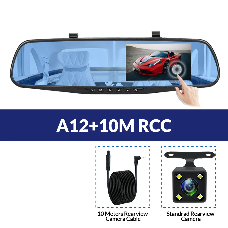 E-ACE A12 Dvr 4,3 дюймов сенсорный экран видеорегистратор зеркало заднего вида цифровой видеорегистратор двойной объектив регистратор FHD 1080P Автомобильный видеорегистратор - Название цвета: A12-10M RCC