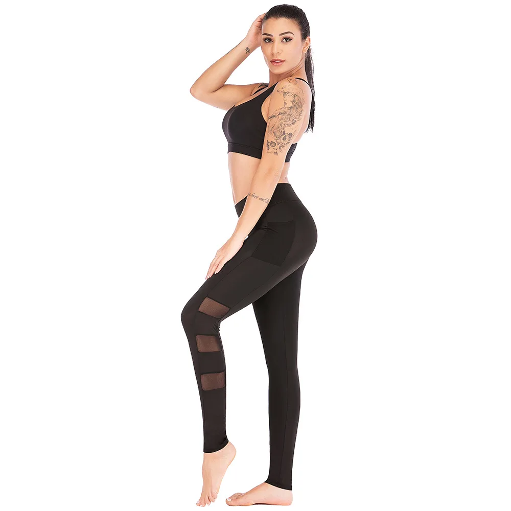 Sport Leggings Women Sexy Mesh Patchwork Yoga Pants with Side Pockets Female Quick Drying Breathable Tights Fitness Gym Trousers