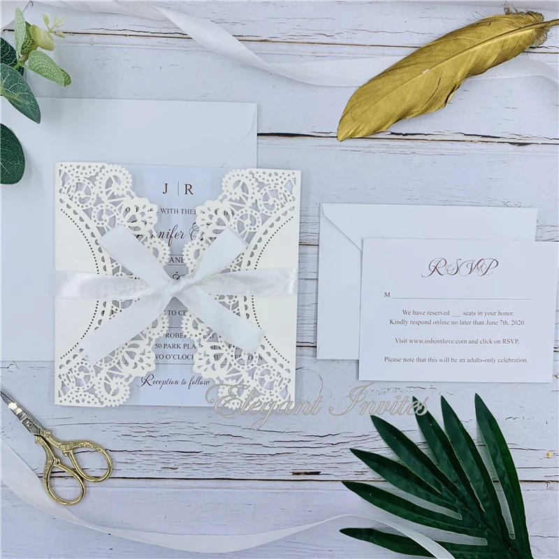 Ivory Laser Cut Wedding Invitation Elegant Invitation Cards Shiny Wedding Invite With Envelopes and Ribbon