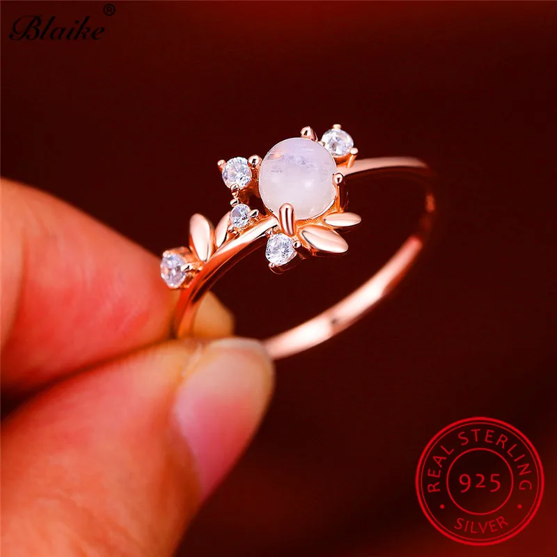 Rose Gold Ring Изысканное тонкое кольцо с листьями дерева, круглый лунный камень, кольца для женщин, обручальные кольца, 925 пробы, серебряное кольцо с белым опалом, обручальное ювелирное изделие - Цвет камня: Rose Gold Ring
