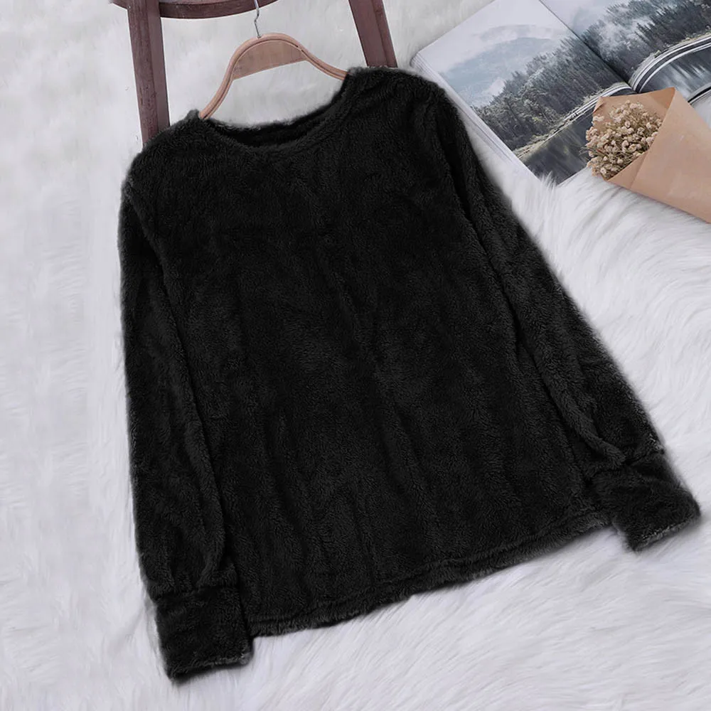 JAYCOSIN Fashion Women Artificial Wool Plush Sweatshirt Casual Simple Long Sleeve Solid Color Comfortable Pullover Blouse Top