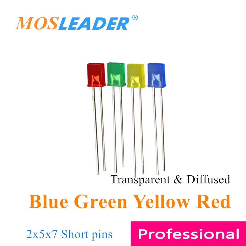 

Mosleader 1000pcs 2x5x7 257 Square LED Blue Green Yellow Red Color turn color Transparent Diffused Short pins