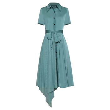 

HIGH QUALITY New 2020 Fashion Designer Runway Women's Shirt Collar short Sleeve Sashes Patchwork Asymmetrical Gauze Dress