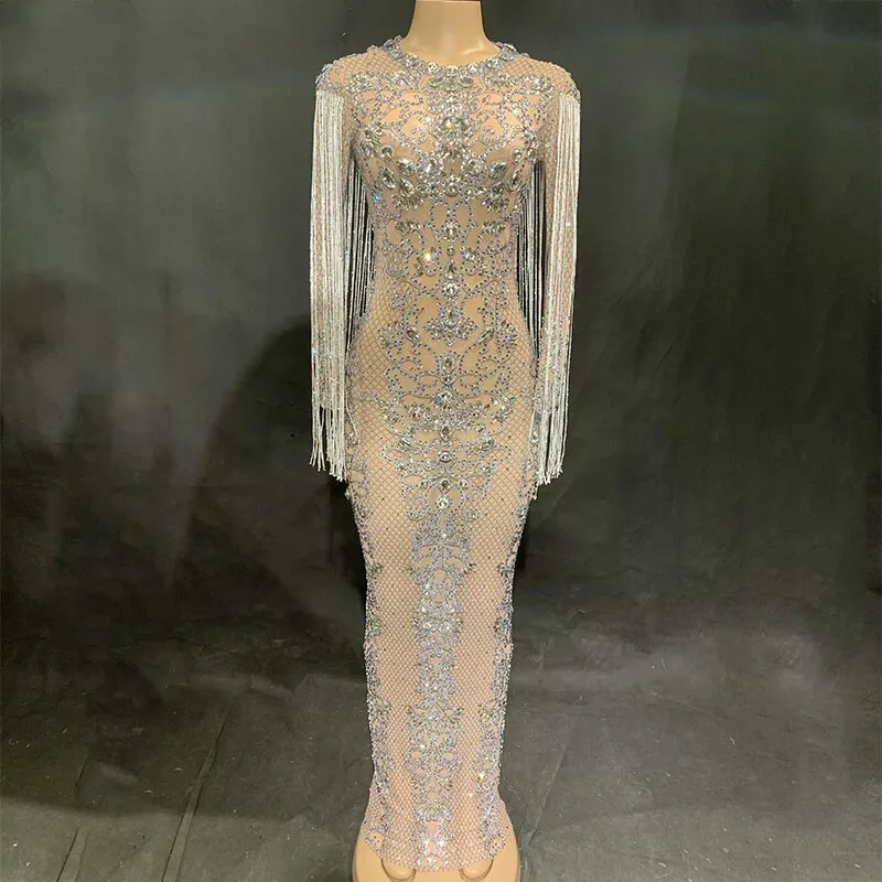 Женское длинное платье в сеточку с блестящими кристаллами; платья для вечеринок; стразы; одежда для дня рождения; одежда с длинными рукавами и бахромой; Vestidos