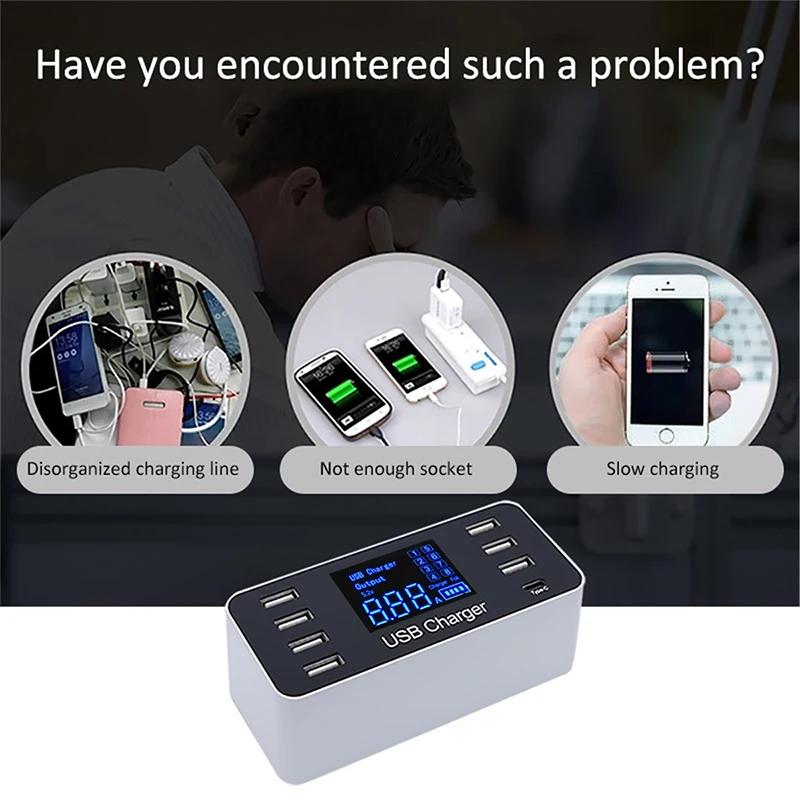 Tiptop 8 портов USB быстрое зарядное устройство адаптер питания Тип C 5 в 8A 40 Вт ЖК-цифровой дисплей подзарядка концентратор зарядная станция