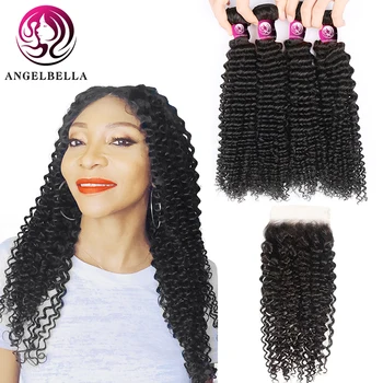 

Angelbella Brazilian Remy Hair Weave Bundles Deals Natural Black Kinky Curly Human Hair Bundles With Lace Closure For Black Lady