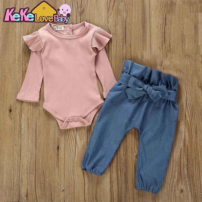 Toddler Baby Girl Clothes Set Autumn Spring Solid Long Short Romper Bodysuit Denim Pants 2PCS Tracksuit Casual Baby Clothes Baby Clothing Set medium