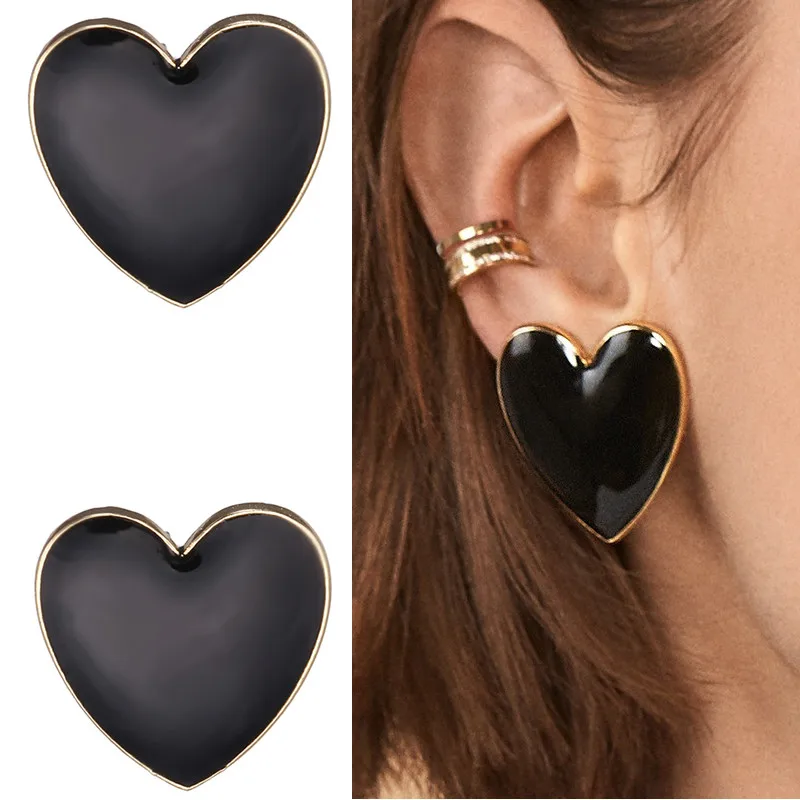 Big-Enamel-Heart-Stud-Earrings-For-Women-Black-Oil-Gold-Street-Trendy-Jewelry-Statement-Love-Stud