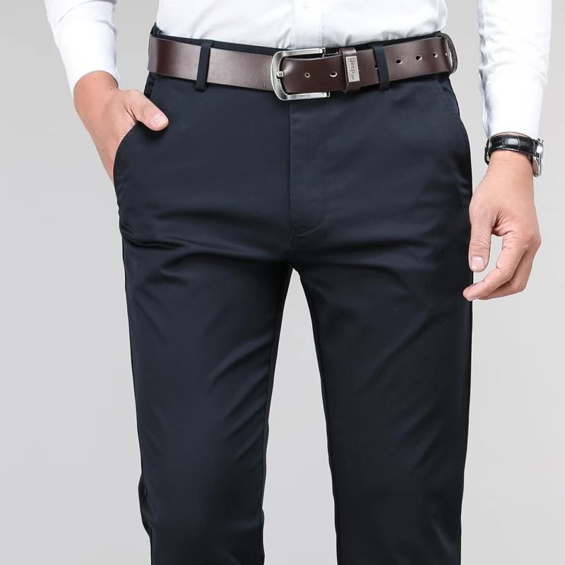 Классические мужские повседневные брюки цвета хаки, деловые модные хлопковые однотонные прямые Стрейчевые брюки, мужские Брендовые брюки, большие размеры 40, 42, 44 - Цвет: Dark Blue