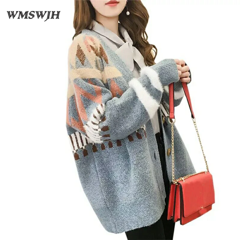

Women Autumn Boho Pattern Sweater Cardigan Korean Button Down V-Neck Loose Knitwear Coat Jacket Casual Long Sleeve Knitted Coat