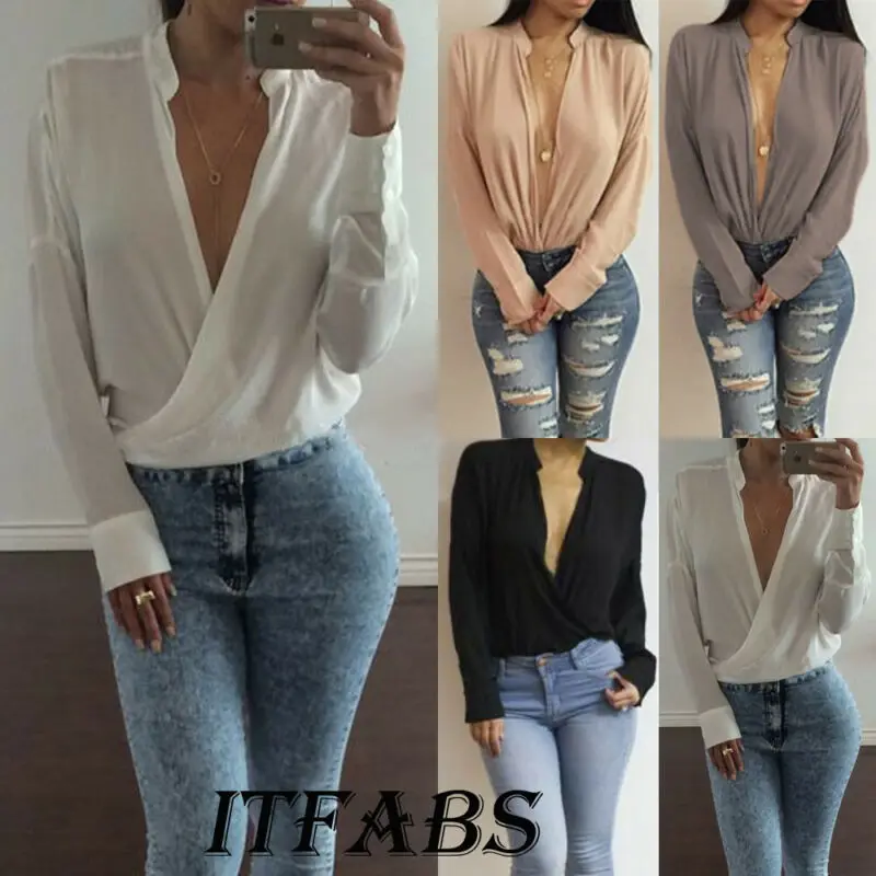 

Womens Blouse Shirt Long Sleeve Stand Collar Solid Color Loose Chiffon Cardigan Blouse Deep V Neck Fashion Office Shirts Autumn