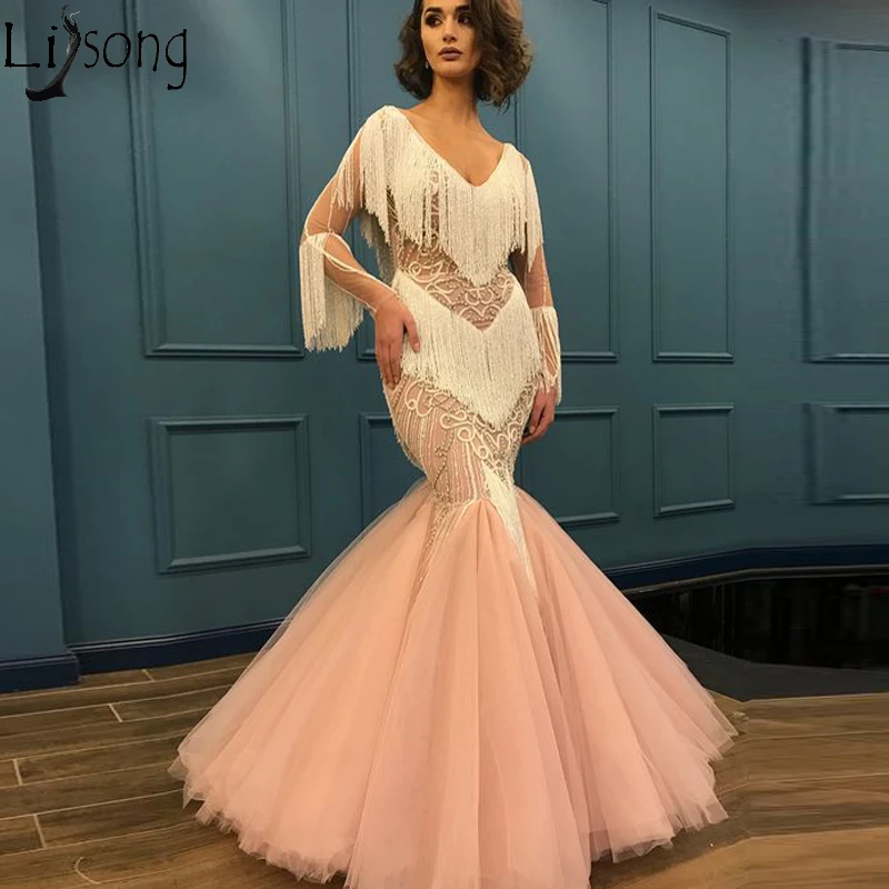 Модное Вечернее Платье с V-образным вырезом и длинным рукавом кисточками