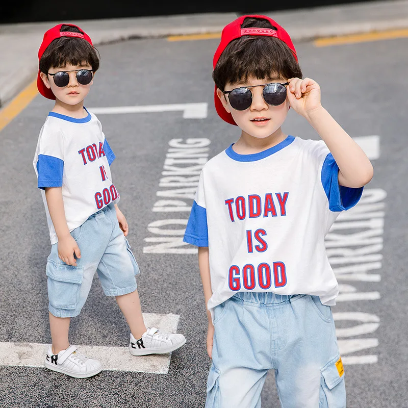 

BOY'S Suit 2019 Summer New Style Childrenswear Children Printed Letter Short Sleeve Military Jeans Two-Piece Set