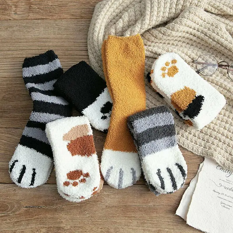 1 пара носков из кораллового флиса зимние теплые носки с кошачьими лапами для женщин и девочек, осенние женские толстые носки без пятки домашние носки-тапочки для сна