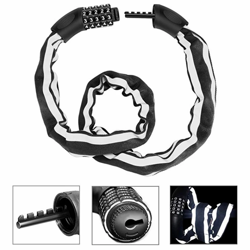 Cycle Locking Cable Bicycle Lock Combination 5 Digit Cycle Locking Chain Reflective Strips Security Bike Accessories Cycle Lock