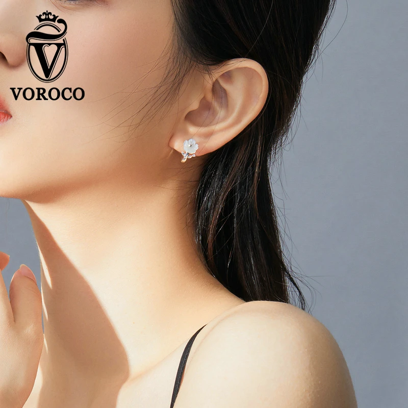 VOROCO BNE321 925 пробы серебряные изысканные чисто белые серьги-кольца цветок Рождественский подарок ювелирные изделия гипоаллергенные серьги