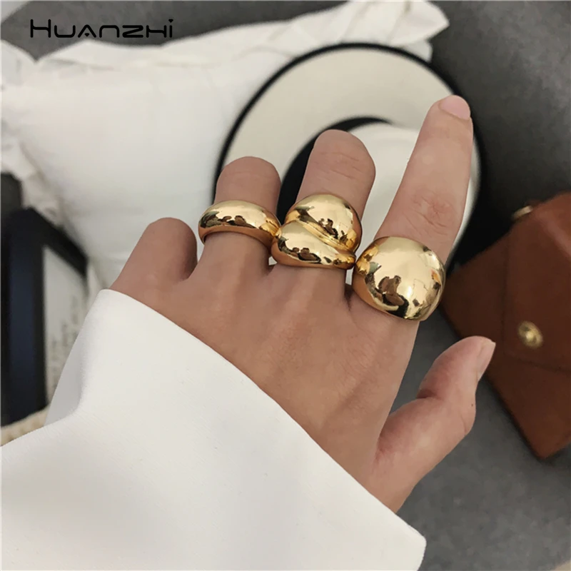 HUANZHI-anillo ancho brillante minimalista para mujer y hombre, anillos abiertos geométricos, joyería, Color dorado, plateado, 2020