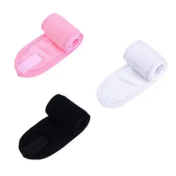 

3Pcs Spa Facial Headband Make Up Wrap Head Terry Cloth Headband Stretch Towel with Magic Tape (White & Black & Pink)