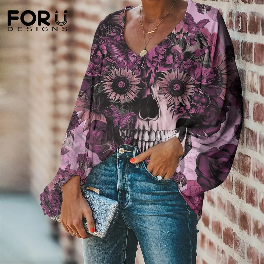 

FORUDESIGNS Sunflowers And Suger Gothic Skull 3D Print Women Sexy V-Neck Shirts Female Casual Loose Plus Size Chiffon Blouse New