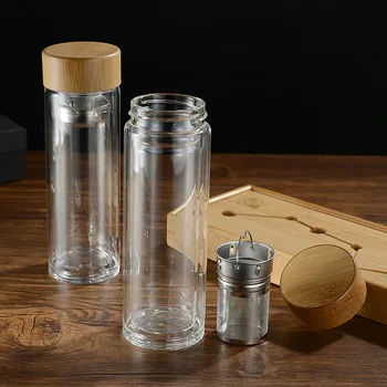 

Bamboo Wood Lid Double-Layer Glass glass water bottle Heat-Resistant Tea Separation Direct Drinking With Tea Infuser