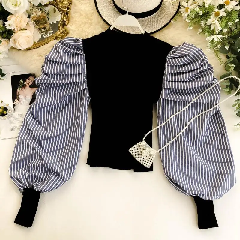 SINGRAIN Женская винтажная блузка рубашка мужская готическом стиле модная Осенняя блузка полоску рубашки - Цвет: balck striped
