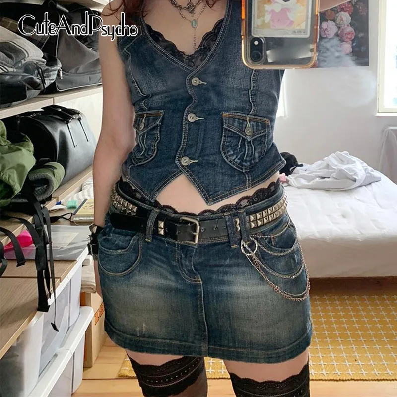 Vintage Grunge Y2K Denim Waistcoats 