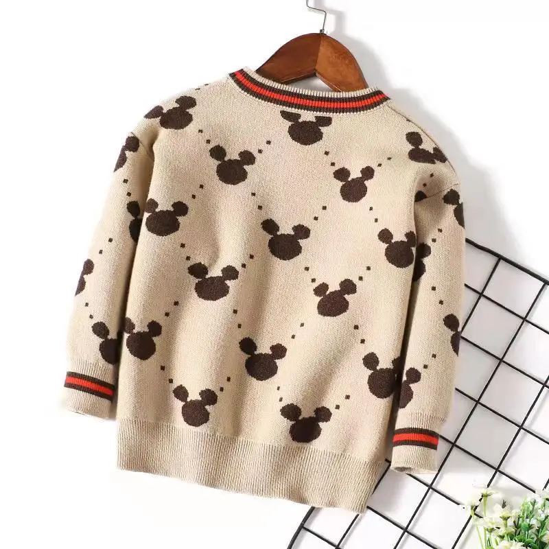 Beige Зимний Детский свитер с Микки Маусом; свитер для маленьких девочек; свитер с длинными рукавами; Повседневный свитер для маленьких мальчиков; пуловер; детская рубашка с рисунком; Топ - Цвет: Beige