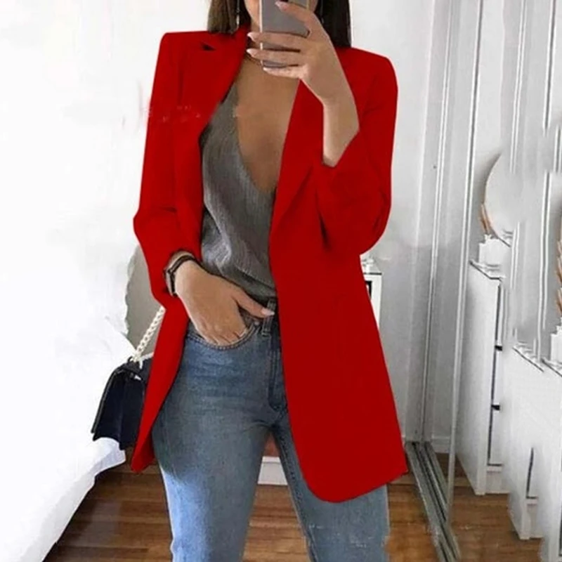 Finest Women's Casual Mid Coat Lapel Slim Cardigan Outdoor Work Suit Jackets Open Front Coat Cloak Jackets