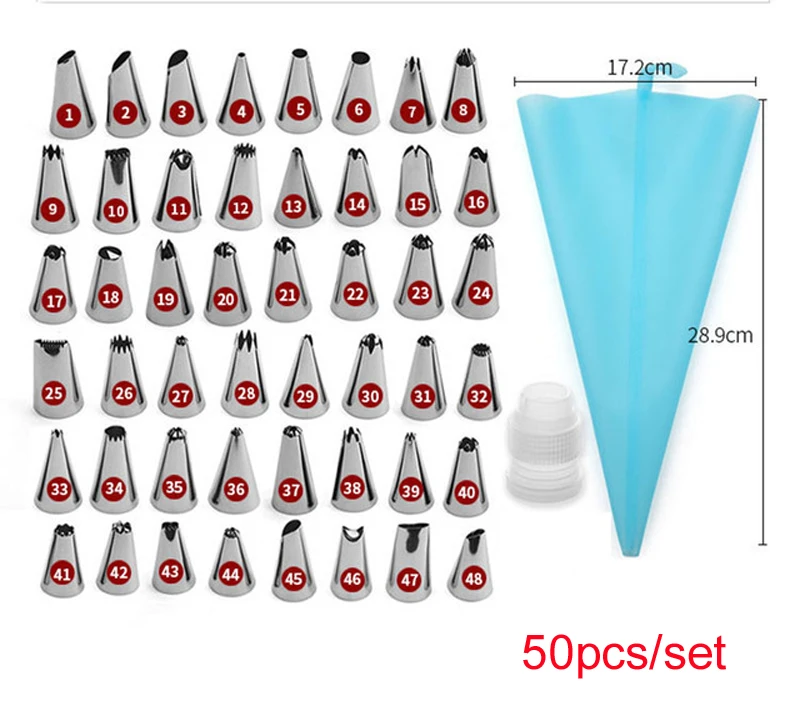

50 PCS/Set Icing Piping Nozzle Silicone Pastry Bag Tips+ Cream Reusable Pastry Bags Kitchen DIY Cake Decorating Tools 2019