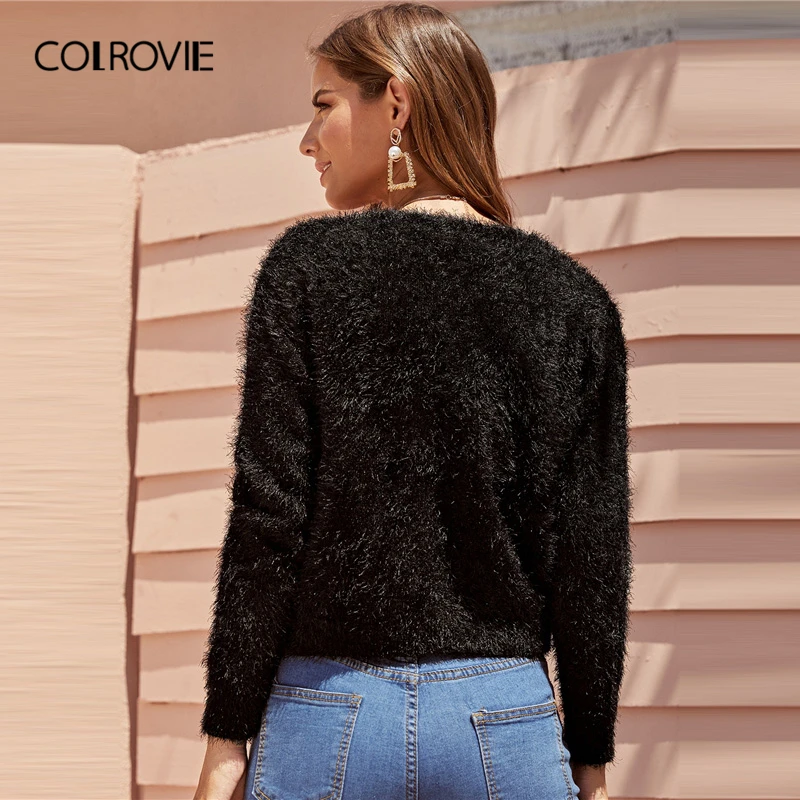 COLROVIE Black Open Front Fuzzy Cardigan Women Autumn Female Long Sleeve Stretchy Outwears Ladies Casual Style Cardigan